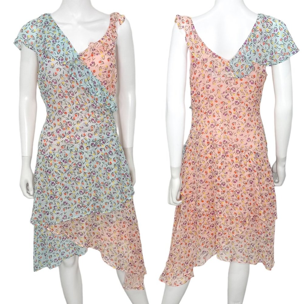 Anthropologie LAIA Mixed Floral Print Ruffle Asymmetrical Midi Dress Pink Blue - Picture 4 of 17